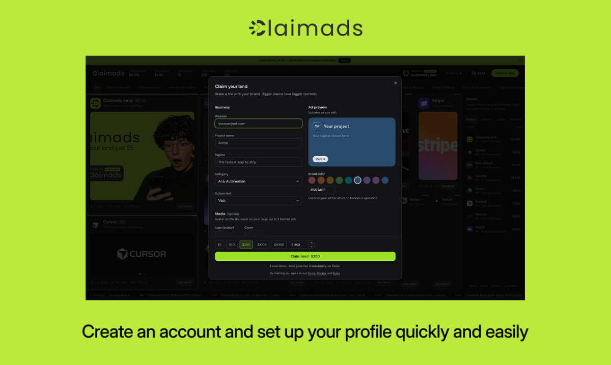 Claimads.land screenshot