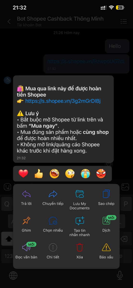 Zalo BOT Shopee Cashback Thông Minh screenshot