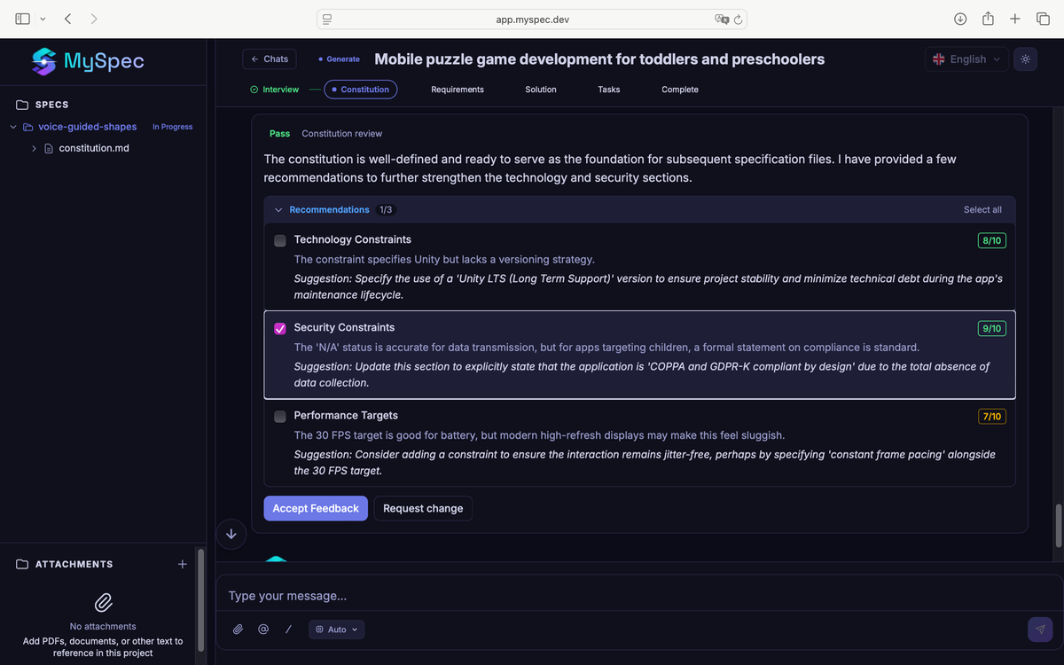 MySpec screenshot