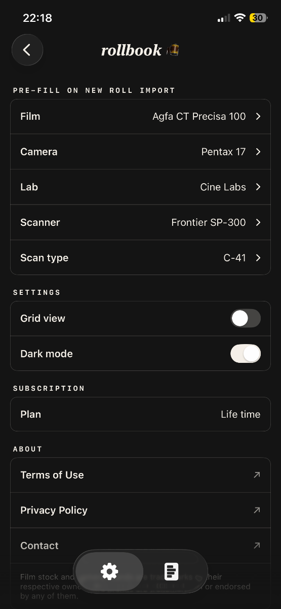 rollbook: film photo catalog screenshot