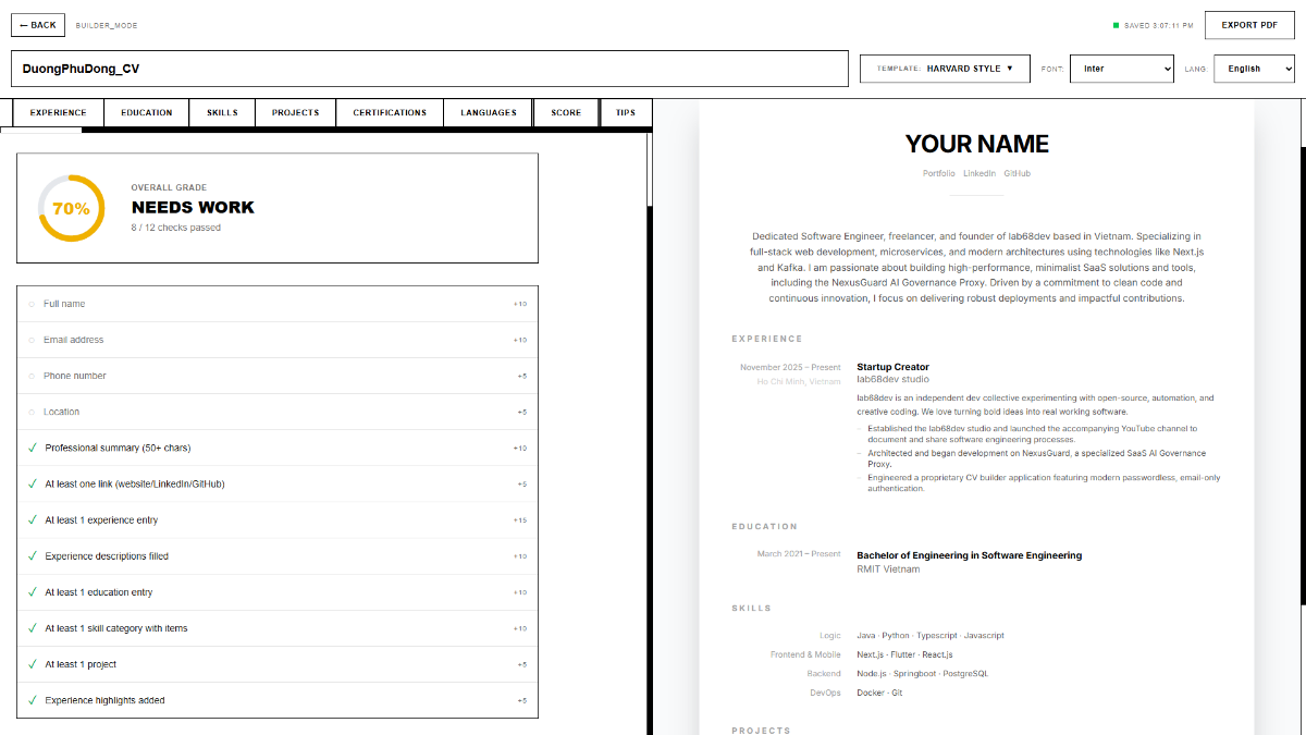 lab68CV Builder screenshot