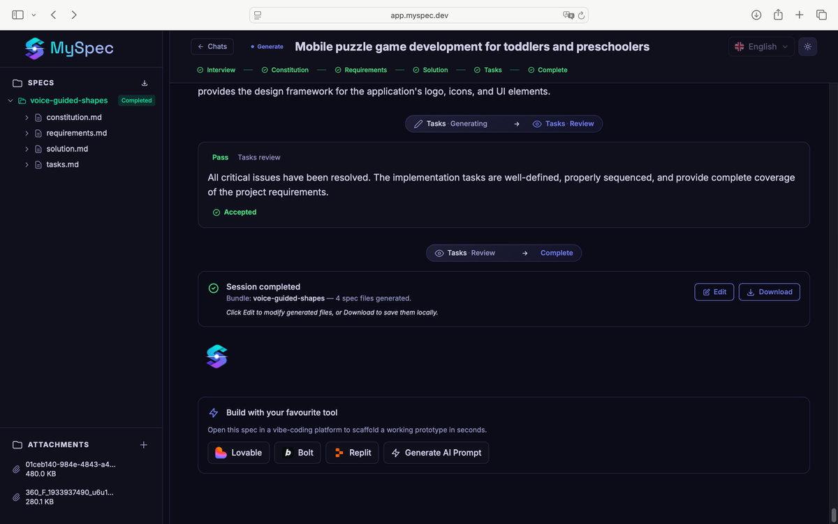 MySpec screenshot