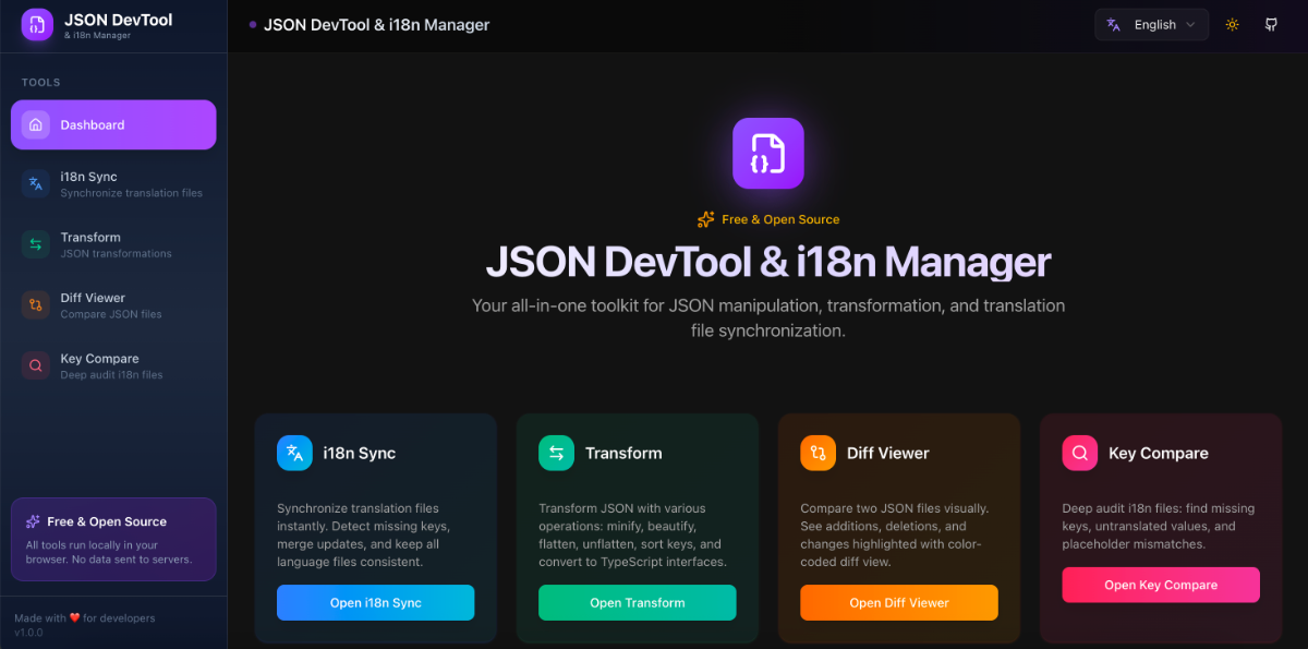 JSON DevTool & i18n Manager screenshot