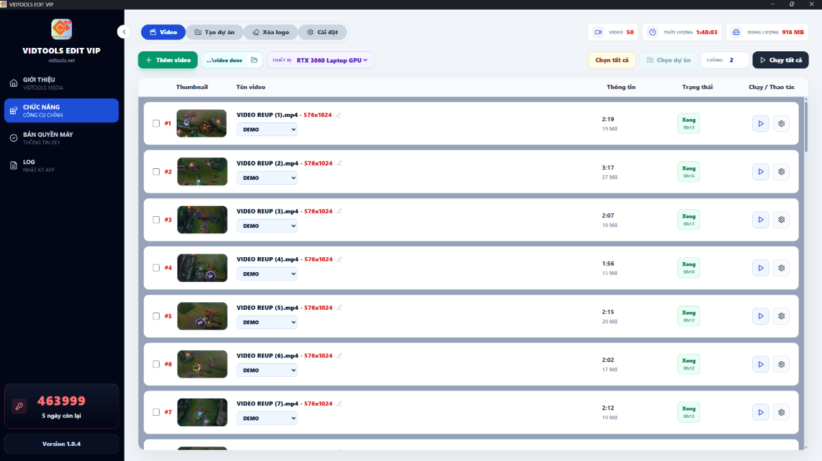 Công cụ edit video hàng loạt VIDTOOLS screenshot