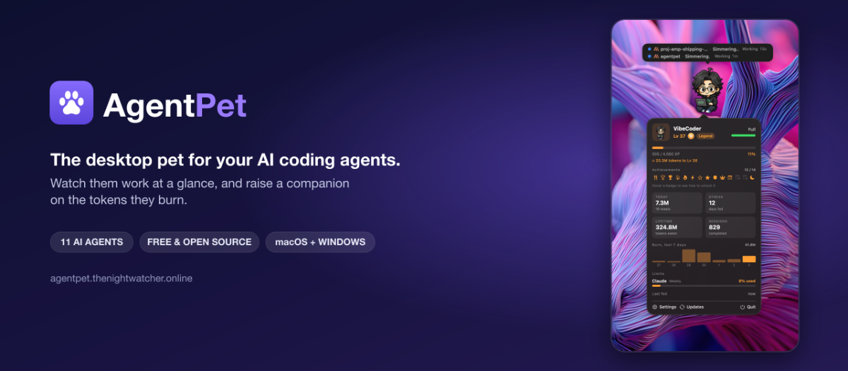 AgentPet · pixel companions for your AI screenshot
