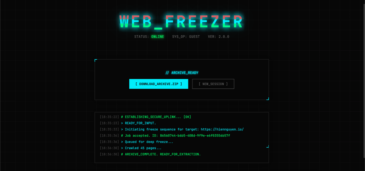 WEB_FREEZER // ARCHIVE PROTOCOL screenshot